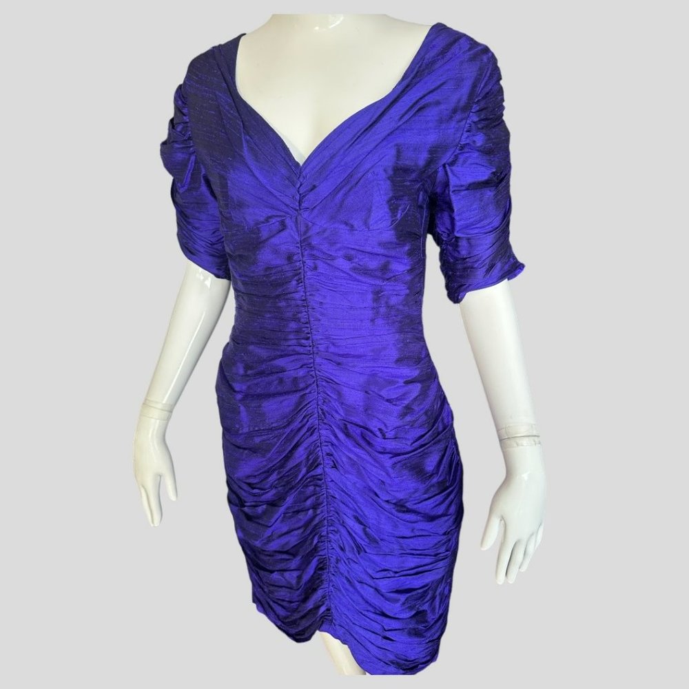 VINTAGE KANAK 100% SILK ROYAL PURPLE RUCHED DRESS (SZ 8) - Picture 2 of 12